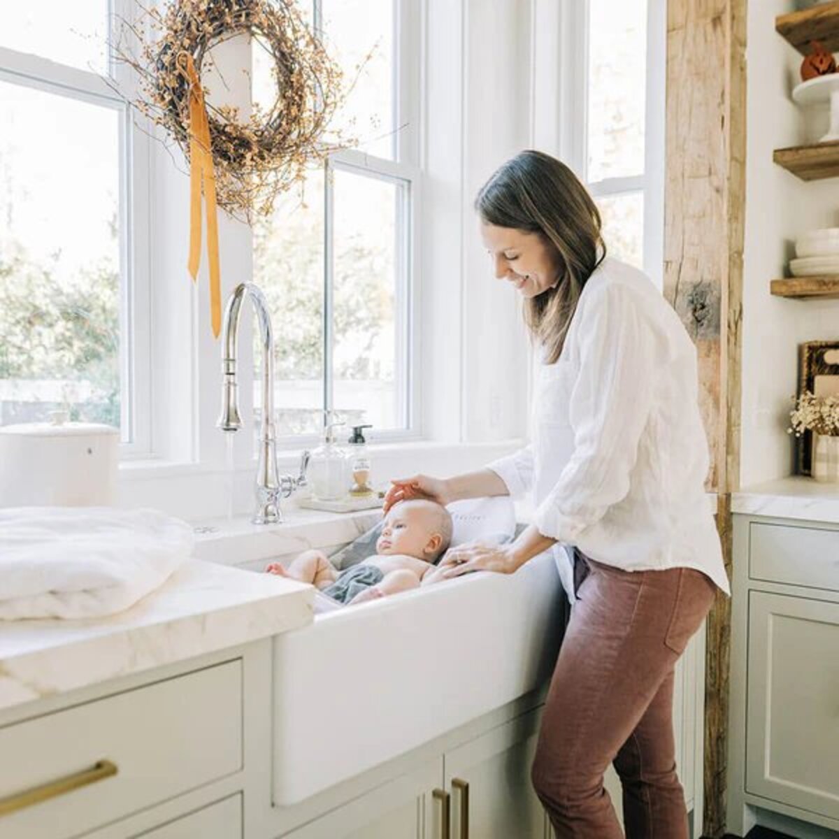 Baby Delight Cushy Nest Cloud Premium Infant Bather-Lifestyle image 2 View-White-Grey - ANB Baby