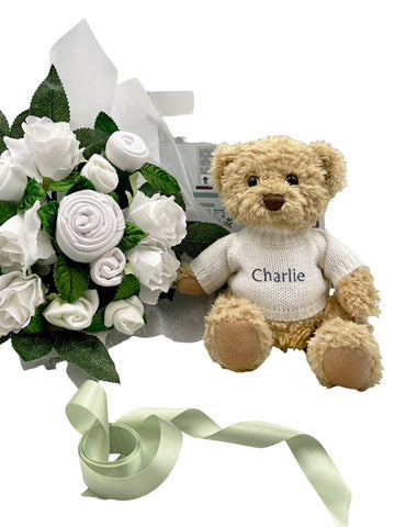 Babyblooms Luxury Rose Baby Clothes Bouquet and Personalized Teddy Bear, -- ANB Baby