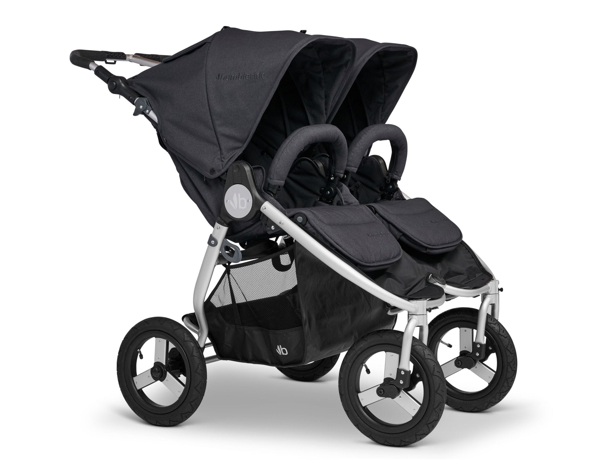 Bumbleride 2022 Indie Twin Double Jogging Stroller, Dusk side angle view-- ANB Baby