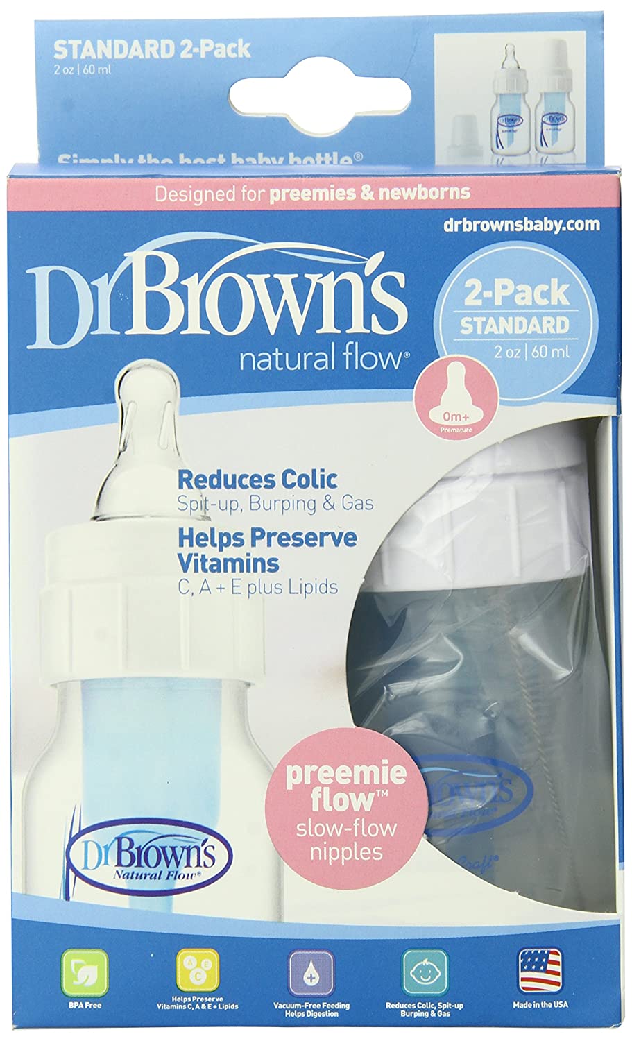 Dr. Brown's Natural Flow Feeding Bottle, Polypropylene 2-Ounce, 2 Pack, -- ANB Baby