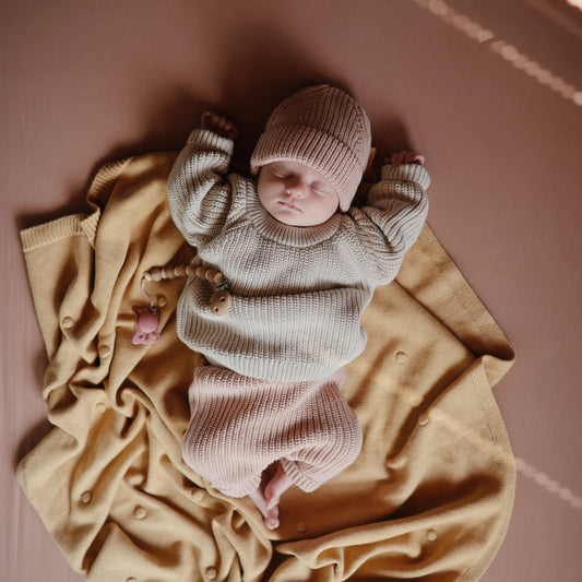 Mushie Knitted Textured Dots Baby Blanket, Mustard Melange, -- ANB Baby