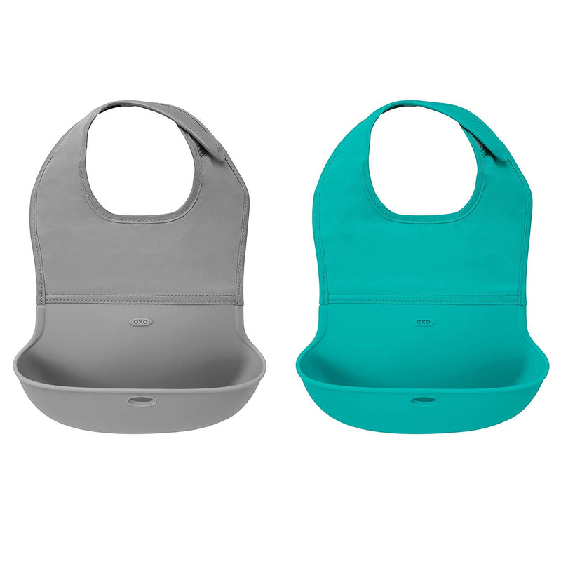 OXO TOT 2-Piece Waterproof Silicone Roll Up Bib with Comfort-Fit Fabric Neck, -- ANB Baby